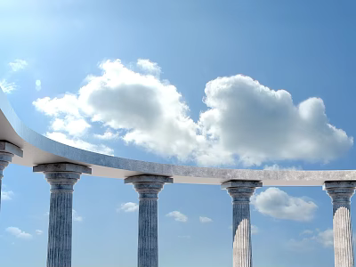 Classical Columns Under Blue Sky With White Clouds Connected By Arched Structure Featuring Fluted Design 3d model