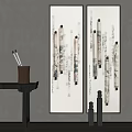 Two Panel Wall Art With Scroll Decor And Brushes In Brass Holder By Black Table 3d model