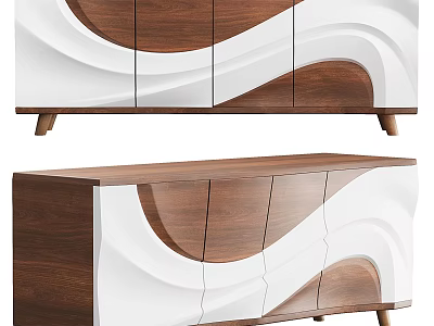 Elegant Modern Sideboard with White Wavy Panels Wooden Frame and Slim Leg Design 3d model