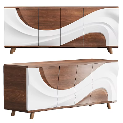 Elegant Modern Sideboard with White Wavy Panels Wooden Frame and Slim Leg Design 3d model