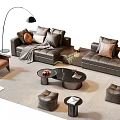 Modern Brown Leather Sofa Coffee Table Set With Ottomans Floor Lamp And Throw Pillows 3d model