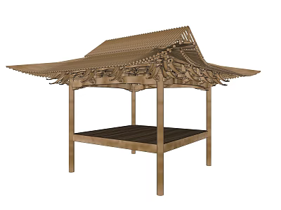 Ancient Architecture Traditional Wooden Pavilion With Decorative Roof And Supporting Pillars 3d model