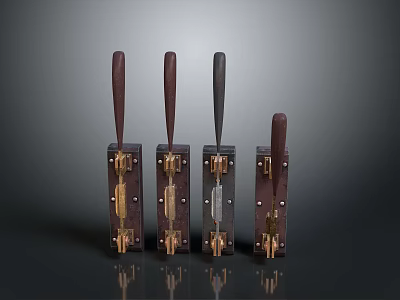 Four Vintage Metal Lock Mechanisms With Wooden Handles On Dark Background 3d model