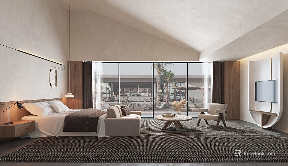 Modern Hotel Guest Room With Bed Sofa Large Windows Area Rug And Palm Tree View 3d model 