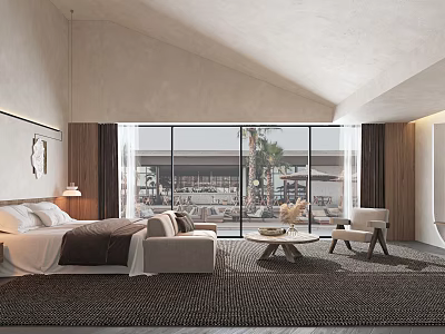 Modern Hotel Guest Room With Bed Sofa Large Windows Area Rug And Palm Tree View 3d model