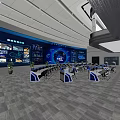 Modern Control Room with Large Digital Screens Data Displays and Monitoring Consoles