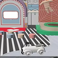 Cartoon Play Scene With Pink Arched Doorway Colorful Stools Green Trampoline And White Toy Car
