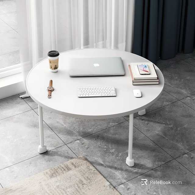 Round White Dining Table With Laptop Keyboard Mouse Coffee Cup Books And Watch Near Window 3d model 