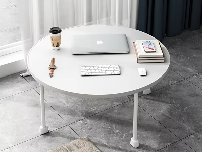 Round White Dining Table With Laptop Keyboard Mouse Coffee Cup Books And Watch Near Window 3d model