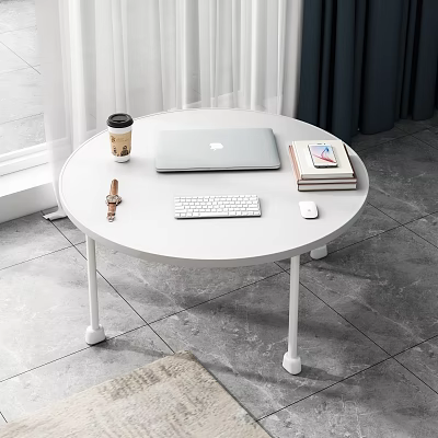 Round White Dining Table With Laptop Keyboard Mouse Coffee Cup Books And Watch Near Window 3d model
