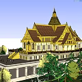Traditional Thai Architecture With Golden Spires And Ornate Roofs Surrounded By Lush Green Lawns And Trees