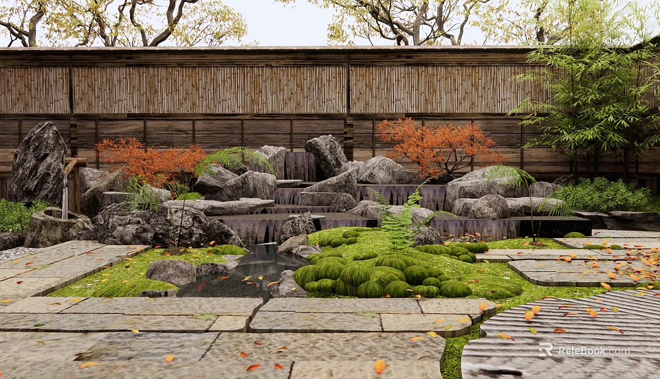 Karesansui Japanese Dry Garden With Rocks Moss Stone Path And Red Maple 3d model 