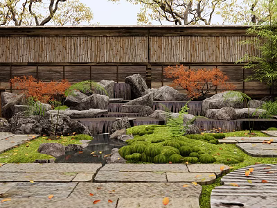 Karesansui Japanese Dry Garden With Rocks Moss Stone Path And Red Maple 3d model