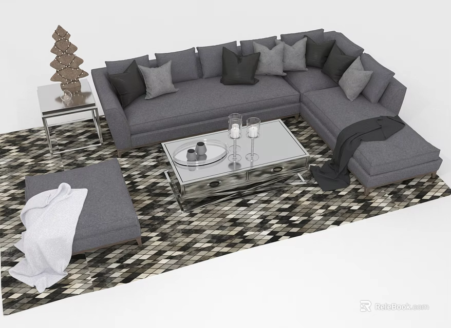 Gray L Shaped Sectional Sofa With Throw Pillows Glass Coffee Table Ottoman And Geometric Rug 3d model 