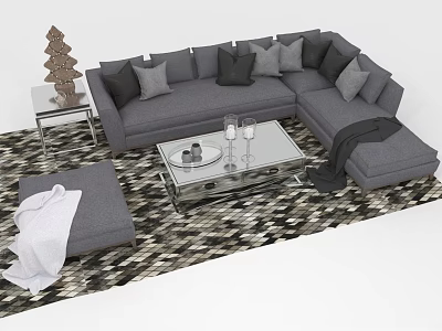 Gray L Shaped Sectional Sofa With Throw Pillows Glass Coffee Table Ottoman And Geometric Rug 3d model