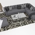 Gray L Shaped Sectional Sofa With Throw Pillows Glass Coffee Table Ottoman And Geometric Rug