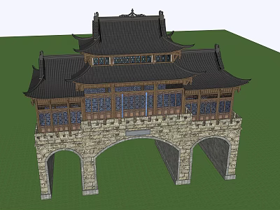 Traditional Ancient Chinese Building With Multi Layered Tiled Roof Stone Archway And Wooden Carved Windows 3d model