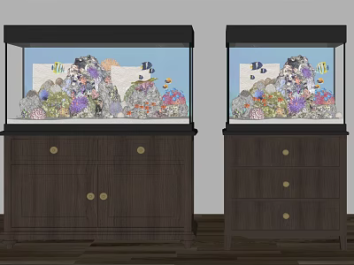 Two Aquarium Fish Tanks With Wooden Cabinets Corals Rocks And Colorful Fish 3d model