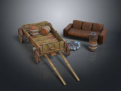 Vintage Wooden Cart with Brown Sofa Wooden Barrels and Blue Items 3d model