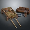 Vintage Wooden Cart with Brown Sofa Wooden Barrels and Blue Items