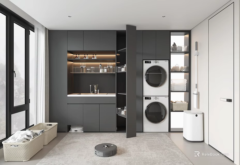 Modern Laundry Room With Dark Cabinets Washing Machine Dryer Sink And Storage Shelves Robot Vacuum 3d model 