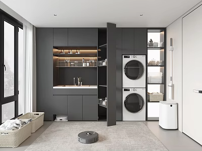 Modern Laundry Room With Dark Cabinets Washing Machine Dryer Sink And Storage Shelves Robot Vacuum 3d model