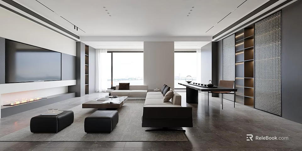 Modern Living Room Interior With Large Windows Black Gray Sofas And Coffee Table 3d model