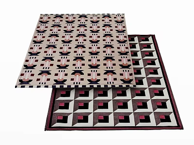 Modern Square Rugs Featuring Geometric Patterns in Black Cream and Burgundy Color Tones 3d model