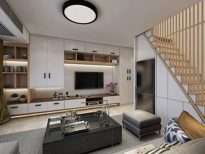 Modern Living Room Interior With White Cabinets Gray Sofa Black Coffee Table And Wooden Staircase 3d model