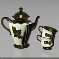 Elegant White Teapot With Gold Accents And Black Floral Pattern Cups