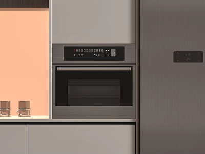 Modern Kitchen Appliances With Built in Oven Silver Refrigerator and Cabinets 3d model