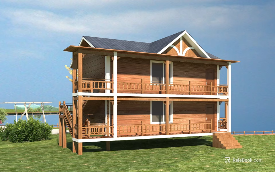 Two Story Wooden House Exterior With Balcony Dark Roof And Green Lawn 3d model 