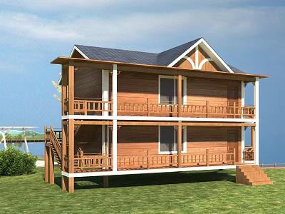 Two Story Wooden House Exterior With Balcony Dark Roof And Green Lawn 3d model