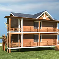 Two Story Wooden House Exterior With Balcony Dark Roof And Green Lawn