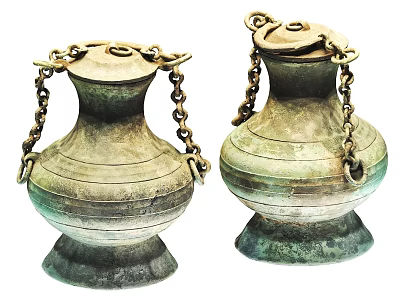 Two Antique Ceramic Vessels With Textured Greenish Surfaces And Decorative Chains 3d model
