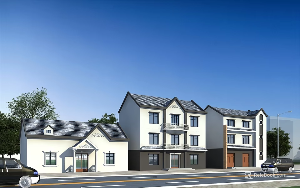 Two Story Detached Villa With White Exterior Dark Roof Multiple Windows Front Driveway And Trees 3d model 