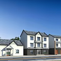 Two Story Detached Villa With White Exterior Dark Roof Multiple Windows Front Driveway And Trees
