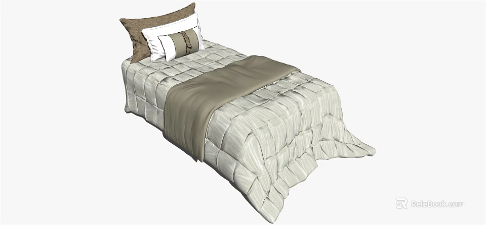 Cozy Children's Bed With Light Gray Striped Quilt Brown Blanket And Pillows 3d model 
