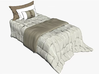 Cozy Children's Bed With Light Gray Striped Quilt Brown Blanket And Pillows 3d model