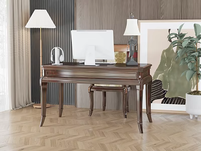 Elegant Wooden Office Desk With Computer Monitor Headphones Table Lamp Green Plant And Framed Artwork 3d model