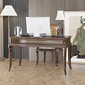 Elegant Wooden Office Desk With Computer Monitor Headphones Table Lamp Green Plant And Framed Artwork