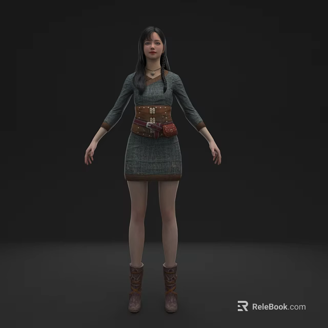 Woman Wearing Green Dress With Brown Belt And Small Bag Standing In Brown Boots 3d model 