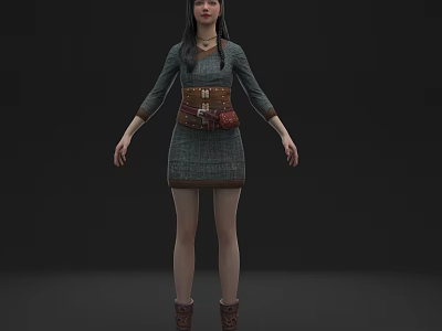 Woman Wearing Green Dress With Brown Belt And Small Bag Standing In Brown Boots 3d model