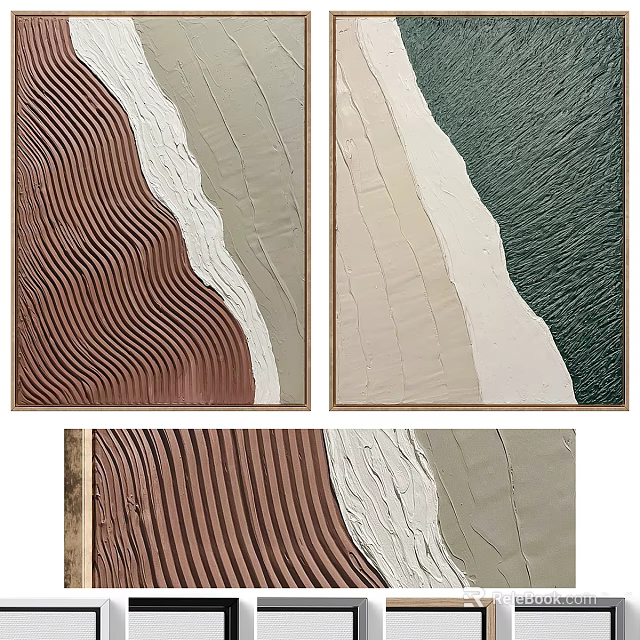Abstract Painting With Brown Beige Green Wavy Textured Impasto Layered Multi Panel 3d model 