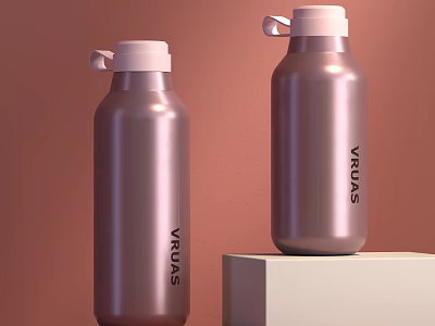 Two Brown VRVAS Water Bottles on White Cube with Pink Background 3d model