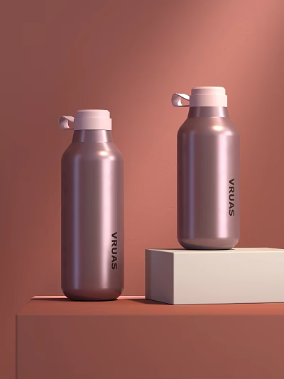 Two Brown VRVAS Water Bottles on White Cube with Pink Background 3d model