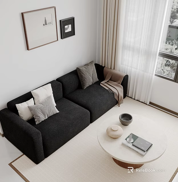 Black Two Seater Sofa with White Grey Cushions Brown Throw Near Round Coffee Table and Window 3d model 