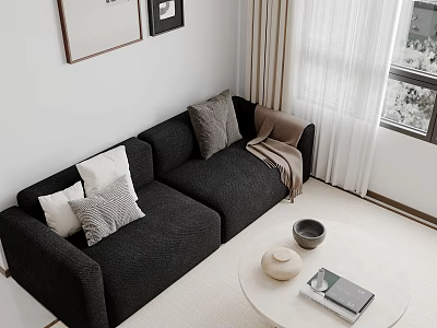 Black Two Seater Sofa with White Grey Cushions Brown Throw Near Round Coffee Table and Window 3d model