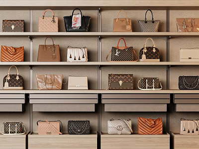 Fashionable Various Style Leather Handbags Neatly Displayed On Wooden Shelves In Retail Store 3d model