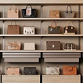 Fashionable Various Style Leather Handbags Neatly Displayed On Wooden Shelves In Retail Store